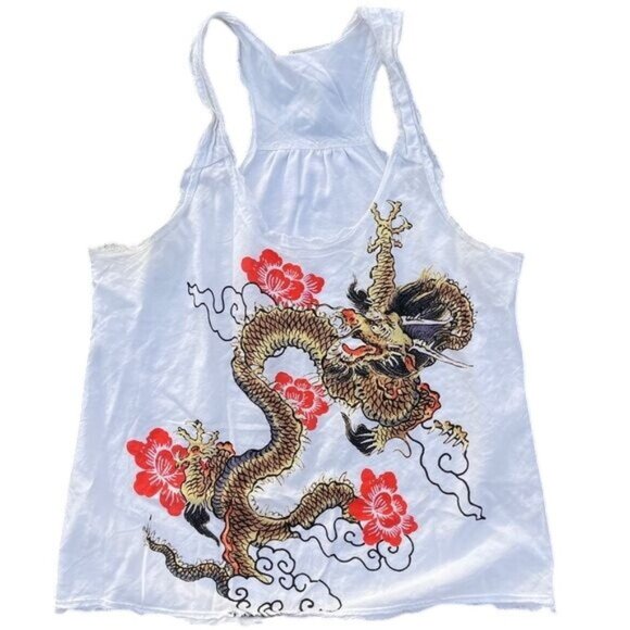 Vivienne Tam Dragon Tank Top Vintage White Distressed Fringe Sz Medium - Picture 1 of 9